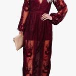 Mesh Lace Overlay Long Sleeve Maxi Dress Maroon Large Photo 3