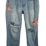 ALLSAINTS Alana Embroidered Bird Distressed Boyfriend Jeans in Blue/Pink Size 26 Photo 3