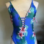 Hot Kiss  Blue Floral One Piece Swimsuit‎ cutouts tropical flowers medium Photo 0