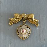 1928 Beautiful (?) Vintage Brooch Bow & Dangling Heart W Porcelain Rose Flower Photo 4