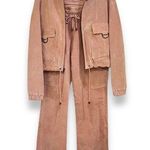 wilson's leather Vintage 80s pink suede leather hooded bomber jacket pants suit Photo 0