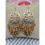 None Cute Gold Tone Dangle Bead 3" Drop Earrings Open Work Amber Color & Brown Beads Photo 1