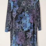 CLARA SUN WOO Black and Purple Floral Slinky Knit Tunic Top Large 3/4 sleeve Photo 0