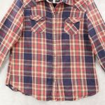 I Love H81  Blue Flannel Plaid Button Up Cotton Patch Western Patch Cowgirl Large Photo 3