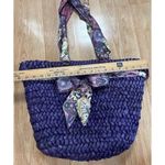 Purple Straw Woven Purse Handbag Tote With Scarf Handles Zip Top Lined Bow Photo 5