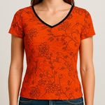 Worthington Y2K Orange Floral Lace V-Neck Top Black Trim Romantic Indie Fairy Photo 0