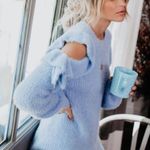 VICI Blue Moon fuzzy cozy boho ruffled open shoulder sweater size L Photo 13