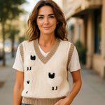 NWT Luna Ivy Chunky V Neck Sheep Embroidered Sweater Vest Tan Photo 1