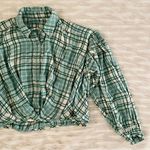 Free People  Blue Green White Plaid Oversized Cropped Blouse Shirt Sz XS Photo 3