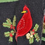 Reference Point Vintage Winter Cardigan Womens M Black Red Cardinal Holly Holiday Embroidery Photo 5