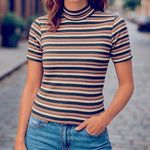 ALBION FIT Albion Mock Neck Ribbed Striped Short Sleeve Top XS Photo 0