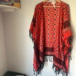 Free People Fringe Kimono One Size Open Front Boho Red/Black Beach Cover-Up Photo 2