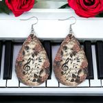 Musical Note Rose Flower Pattern Teardrop Dangle Earrings Faux‎ Leather Brown Photo 1