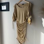 Atlein Dress Beige Ruched Long Sleeve Off Shoulder Designer Midi Dress Size 40 Tan Photo 3
