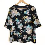 Ann Taylor | Floral Navy Blue Crewneck Blouse Photo 0