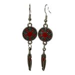 Silver & Red Boho Feather Dangle Earrings Western Mandala Drop Design Photo 1