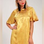 Lulus Blossom Golden Yellow Floral Jacquard Shift Dress Lightweight Satin Sz S Photo 0