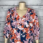 Adeline East  NWT Size 2X Pink & Blue Floral Print Ruffle Trim V-Neck Blouse Top Photo 1