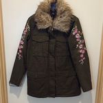 Embroidered Floral Green Jacket with Faux Fur Collar Size M Photo 0