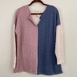BiBi Faux Cable Knit Color Block Long Sleeve Split Neck Oversized Top Size‎ M Blue Size M Photo 1