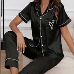 NWOT Black Pajamas Pant Set Silk Feel Size M Size M Photo 3