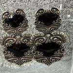 Vintage Black Silver Ornate Luggage Tag Articulated Earrings Scrollwork Design Photo 9