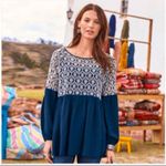 Sundance  Embroidered Lantern Sleeve Blouse in Navy White Size Medium M Photo 3