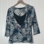 Y2K I.N Studio Floral Wrap Blouse Top L Blue Black Officecore Retro Workwear USA Size L Photo 0