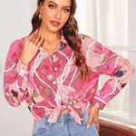 Mixed Print Button Up Tie Front Shirt plus size 2XL blouse Pink Photo 0