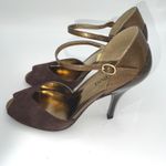NWT Alfani Adara Umber Brown Suede Open Toe Heels Bronze Accents Ankle Strap 6 Photo 2