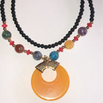 Black Glass Beaded Huge Yellow Pendant Boho Necklace Earrings Set Photo 4