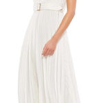 Mac Duggal Ieena for  Pleated Cap Sleeve Belted A-Line Midi Dress in White Formal Photo 0