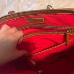 Dooney & Bourke Pebble Grain Leather Zip Zip Satchel Blue And Brown With Red Interior Photo 5