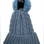 ILLUMA Women’s Blue Cuffed Cable Stitch Faux Fur Pom Pom Beanie Hat NWT Photo 4