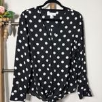 Popsugar  Black White Polka Dot V Neck Tie Front Long Sleeve Blouse Size Large Photo 2