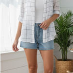 Tahari ‎ 100% Linen White Windowpane Plaid Button Up Shirt Top Women's 1X Casual Photo 0