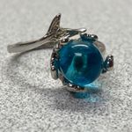 Silver Plated Mermaid Tail Oceanic Blue Glass Ball Adjustable Cocktail Ring Sz 7 Photo 1