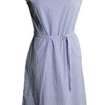 Uniqlo Sleeveless Belted Swing Dress S Blue White Striped Pockets Back Zip Photo 0