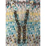 JM Collection Tunic 12 Geometric Print Blue Yellow Beaded Cotton Slit Pullover Photo 5