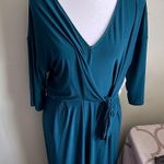 SuperFoxx Teal Faux Wrap pleated front stretch 3/4 sleeve jumpsuit Blue Size M Photo 3