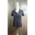 Tory Burch Women's XS Polo Top Navy Black Striped Ruffle Detail Short Sleeve Photo 1