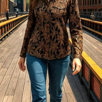 Chicos Size 2 Black Gold Silk Blend Floral Sheer Jacket Artwear Style City Style Brown Photo 0