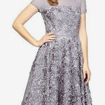 Alex Evenings  Gray‎ Lace Sequins Rosette Mesh Illusion Flare Party Dress Size 8 Photo 0