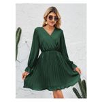 NWT Women's Wrap V‎ Neck Short Dress Pleated Tie Waist Long Puff Sleeve Green Size L Photo 2