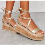 Pretty Little Thing  Gold Espadrille Lace Up Flatform Sandals Size 9 Photo 0