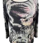 Katina Marie Women's whimsical Peacock Print Long Sleeve Top Black Large Gray Photo 0
