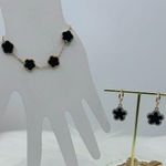 Camille Flower Black Bracelet & Sparkle Floral Rhinestones Dangle Earrings Gold Photo 0