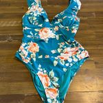 Cupshe  Teal Peach Floral Ruffle V-Neck Lace Up Back Monokini Swimsuit XL Photo 3