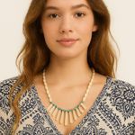 Vintage mother of pearl boho fringe turquoise sterling silver necklace. White Photo 1