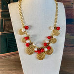 Talbots 0053 Y2K Gold Tone Disc Necklace w/Red and White Cha-Cha Beads EUC Photo 0